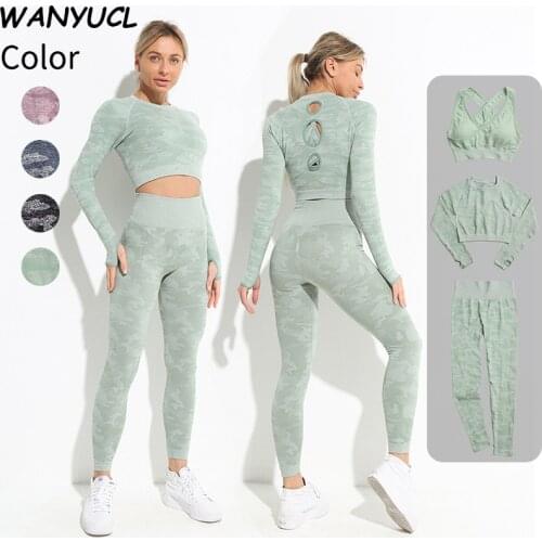 WANYUCL Women Camouflage Yoga Sets 2/3Pcs Seamless Fitness Yoga Bra Sports Shirts High Waist GYM Leggings Fitness Suits