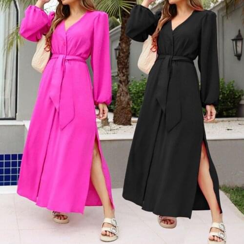 Womens 2021 autumn new solid color V-neck long-sleeved split dress women