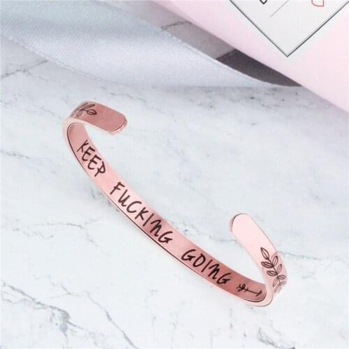 316 Stainless Steel Titanium C-shaped Bangles 6MM Cuff Bracelet for Women Men Letter Keep Going Silver Rose Gold Lovers Bangle