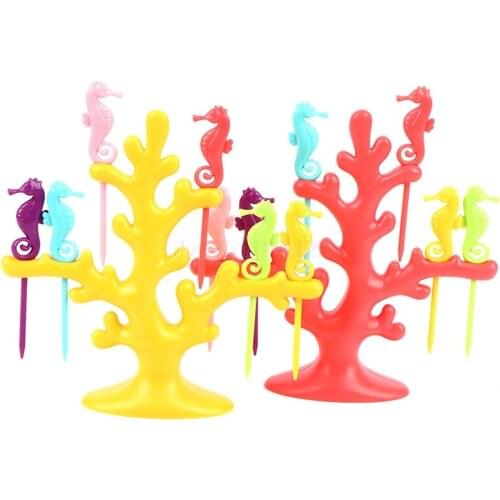 6Pcs Mini Kids Hippocampus Fruit Fork Cartoon Snack Cake Dessert Food Toothpick