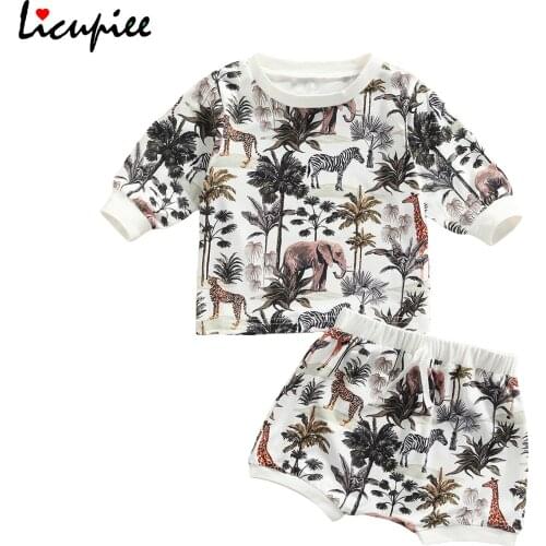 0-24 Months Baby Boy Leaves Pattern Clothes Baby Boy’s T-shirt Shorts Set Fashion Forest Animal Long Sleeve Tops Short Pants