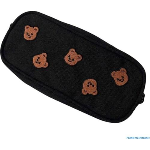 Kawaii Bear Embroidery Canvas Pencil Bag Pen Case Kids Gift Cosmetic Stationery Pouch Office School Supplies
