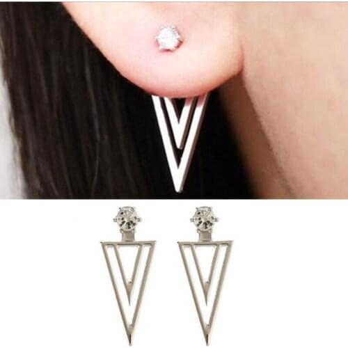 Jisensp New Arrow & Triangle Fashion Clip Earrings CZ Crystal Ear Jewelry Simple Geometric Double Triangle Earrings for Women