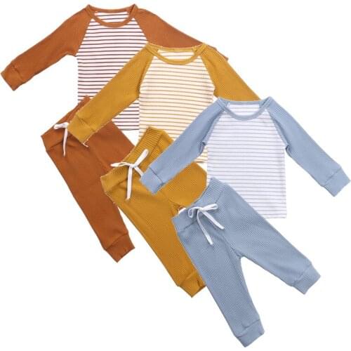 2Pcs Cotton Baby Girls Boys Outfit Suit Fashion Ribbed Stripes Round-Neck Long-Sleeves T-Shirt+Elastic Waist Pants Toddler Suits