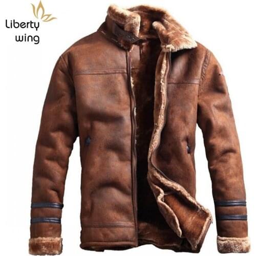 Fashion Mens Stand Collar Coats High Quality Thick Fur Lining Jackets Suede Leather Warm Winter Jacket Vintage Coat