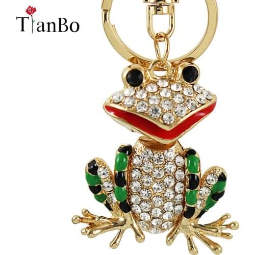 TianBo Novelty Crystal Animal Frog Key Chain white Rhinestone Crystal Keychains Metal Keyring for Women Bag Pendant Jewelry