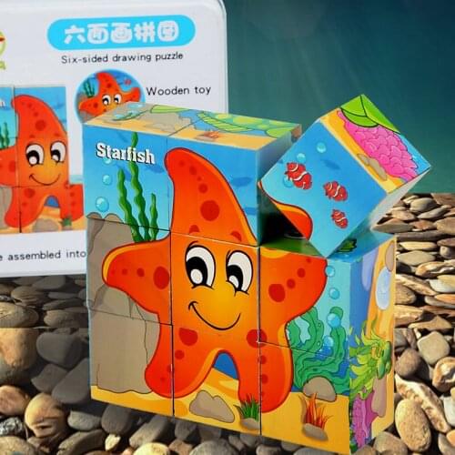 3d puzzles for kids wooden toys Cartoon Animal Pattern 9 Pieces jigsaw educational toys Six-sided drawing puzzle montessori toys