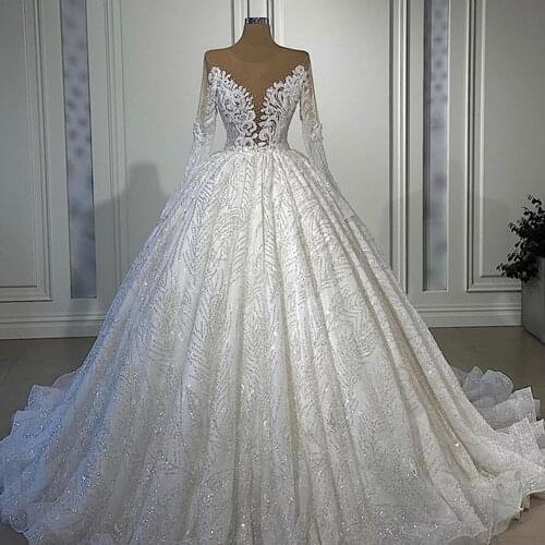 Luxury Beads Lace Ball Gown Wedding Dress 2021 Robe de Mariee Sexy Illusion Tulle Long Sleeve Wedding Gowns Vestido de Noiva