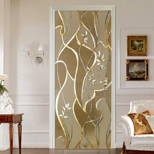 Self-Adhesive Door Sticker European Style Pattern Golden Line Mural Wallpaper Living Room Kitchen Waterproof 3D Stickers Decals