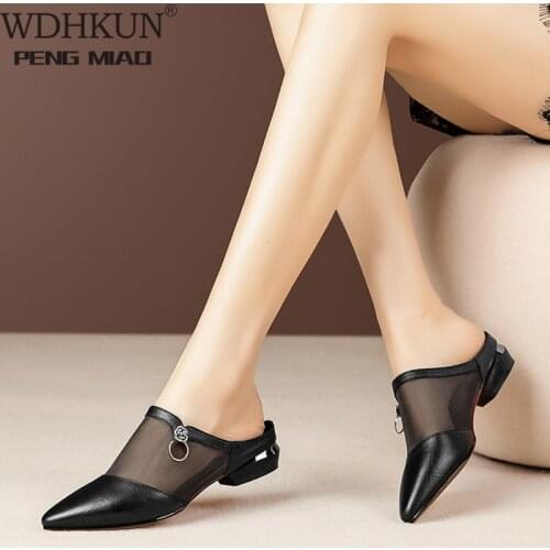 Women Summer Slip On Mesh PU Sandals Ladies Pointed Toe Cone Heels Slides Woman Fashion Sandal Female Casual Shoes 2020 Hot