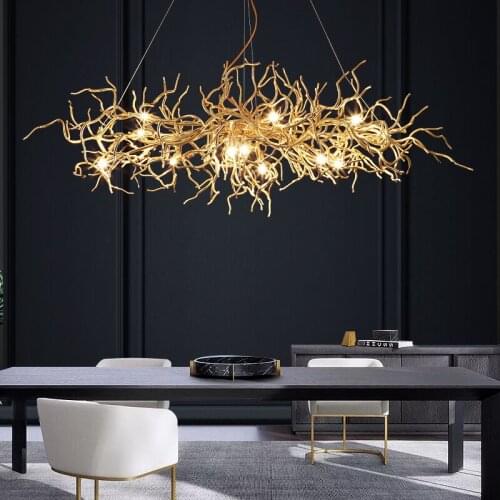 Modern Luxury Aluminum Chandelier Light LED Gold Curved Tree Branch Hanging Lamp Art Deco Living Room Dining Table Villa Home