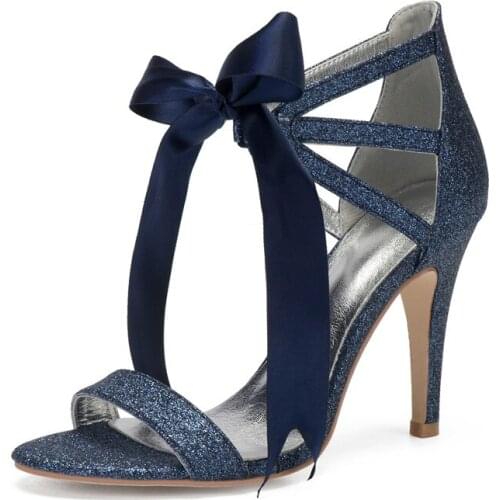 High Heels Sequin Wedding Sandals Shoes Women Open Toe Ankle Straps Ribbon Tie Formal Party Ladies Summer Dress Sandals