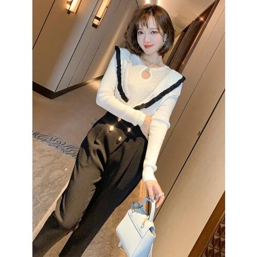 Temperament is hollow out hot drilling splicing bump color falbala fashion show thin knit a female new winter 2020