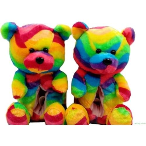 Thick Hot Sale Plush Teddy Bear Cute Rainbow Cartoon Bear Indoor Slippers Non-Slip Mute Bedroom Office Soft Warm Winter Autumn