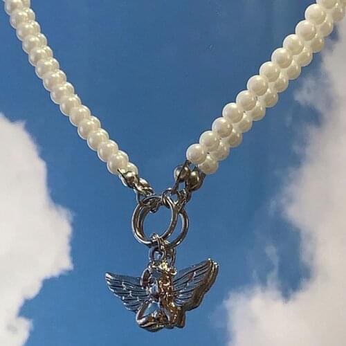 Cupid Angel Metal Pendant Necklace for Women girls harajuku accessories Pearl Neck Chain Goth egirl Neck Chain Collar Fashion
