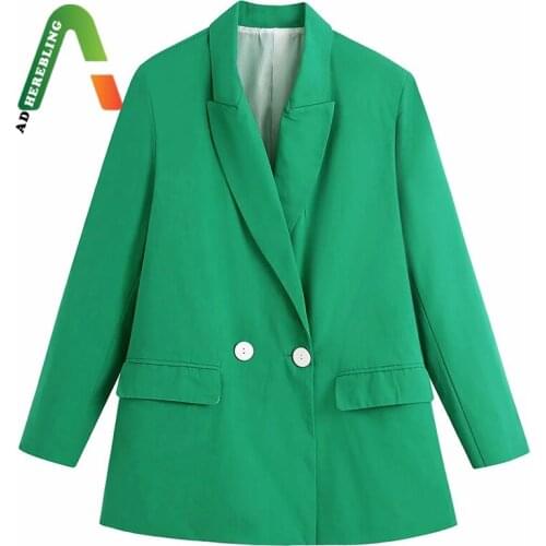 Adherebling Summer Casual Green Blazer Chic Notched Collar Flap Pocket Double Breasted Women Long Tops Office Lady Suit Jacket