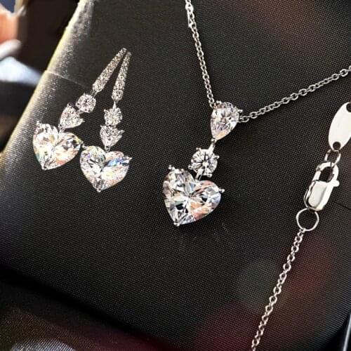 QTT 925 Sterling Silver Luxury Dangle Earrings Trendy Heart CZ Chain Necklace Pendants Women Wedding Jewelry Female Set