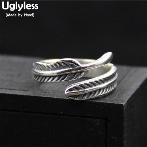 Uglyless Real S 925 Vulcanized Thai Silver Handmade Black Leaf Open Rings Simple Fashion Personalized Women Finger Ring Bijoux