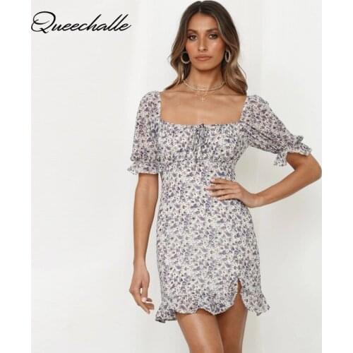 2021 Summer Womens Casual Floral Print Dress Boho Short Sleeve Fashion Female Ruffles Split Mini Dresses Beach Vestidos Femme