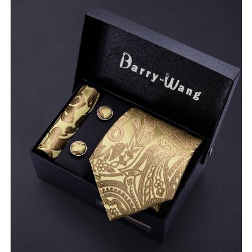Gold Men Tie Paisley Silk Tie Pocket Square Gift Box Set Barry.Wang Luxury Designer Neck Tie For Men Male Gravat Wedding BB-5150