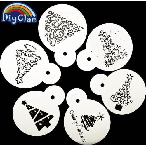 6Pcs/set Christmas tree Coffee Milk Cake Cupcake Stencil Template Mold Coffee Barista Cappuccino Template Strew Spray P0143