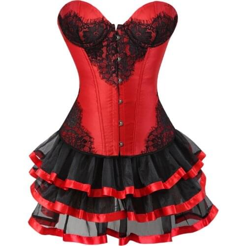 Sapubonva bustier corset skirt tutu burlesque sexy lace flower corset dress victorian lingerie vintage party costume korsett red