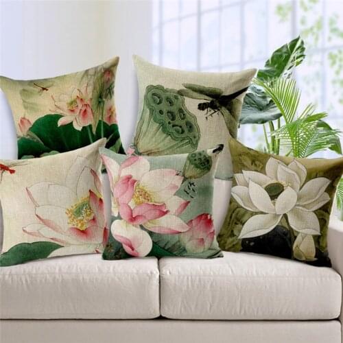 Chinese White Flower Cushion Cover Lotus Pillow Cover Cotton Office Car Sofa Pillowcase Green Plant Home DecorativeThrow Pillows