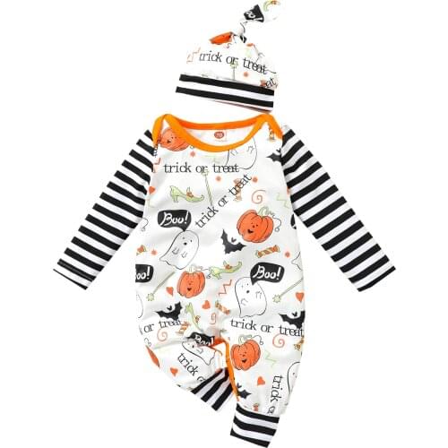2Pcs Baby Halloween Outfit, Cartoon Pumpkin Ghost Stripe Long Sleeves Romper + Knotted Hat for Toddler Girls, Boys, 0-24 Months