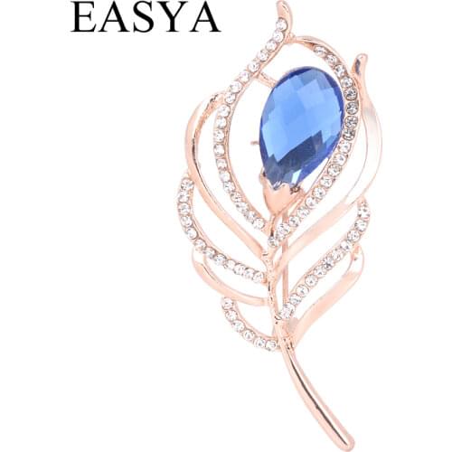 EASYA New Design Fashion Gold Crystal Blue Rhinestone Leaf Brooches Jewelry Gift For Women And Girls