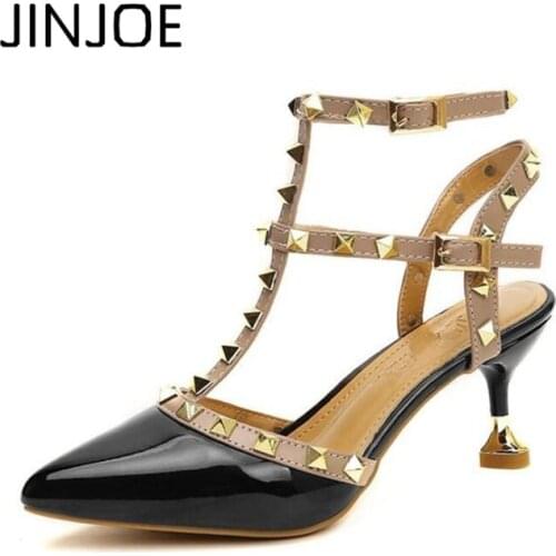 JINJOE Sexy shoes Woman Summer Buckle Strap Rivet Sandals High-heeled shoes Pointed toe Fashion fashion Single High heel 6.5cm