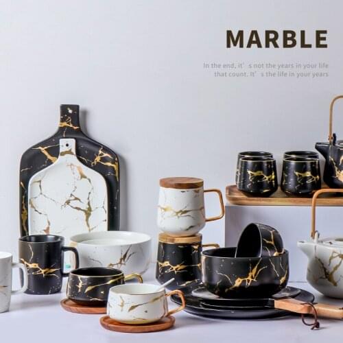 Nordic Marble Gold Inlay Ceramic Dinner Plates Mug Coffee Cup Salad Bowl Dish Dessert Plate with Handle Dinnerware Set Dropship