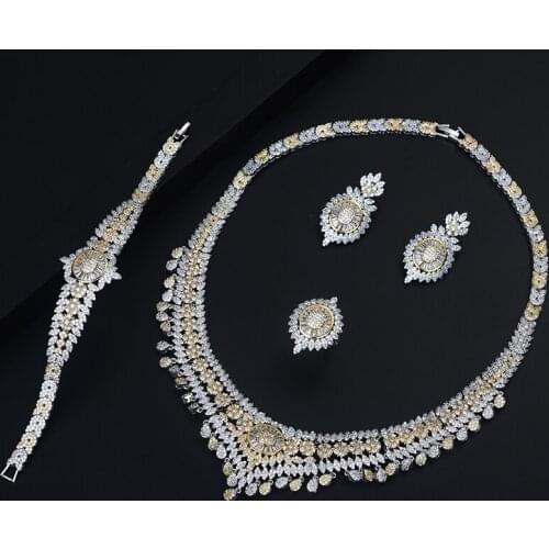 Be 8 Luxury 2 Tones Women Wedding Party Dress Jewelry Set Big Stud Bridal CZ Necklace Earrings Jewelry Sets Bijoux Femme S451