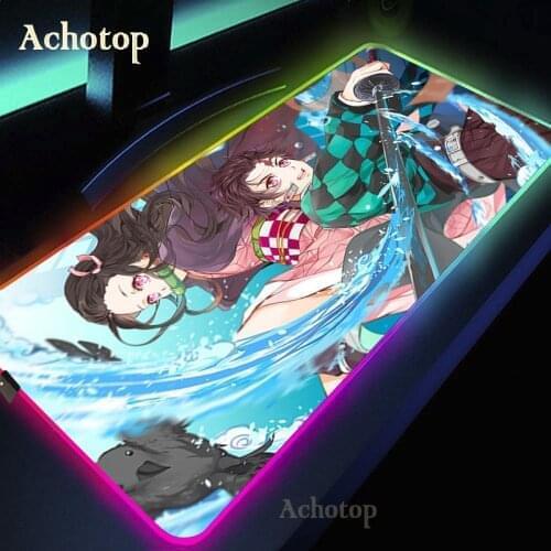 Anime Demon Slayer Kimetsu No Yaiba Colorful Luminous RGB Gaming Mouse Pad Keyboard Mat Pad Locking Edge Table Mat for PC Laptop