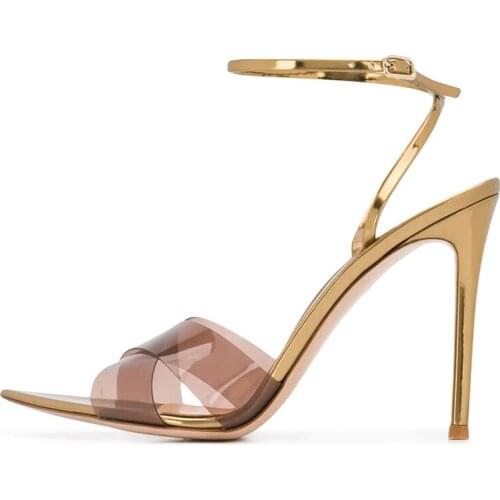 Summer new pointed brown PVC cross-strap stiletto sandals large size banquet dress fashion all-match everyday women’s shoes