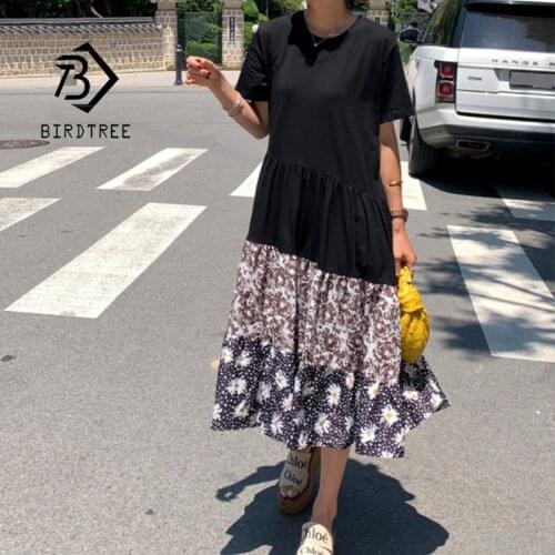 Summer Womens Plus Size Korean Patchwork Floral Knitted Midi Dresses O Neck Short Sleeve A-line Loose Ruffle Dress Lady D17902X