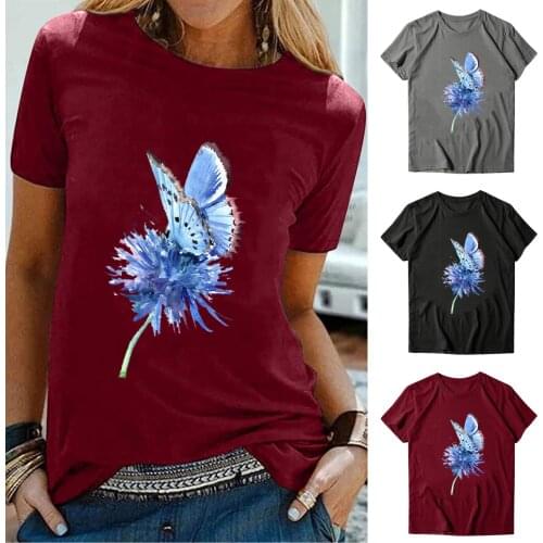 Summer T Shirt Women 2021 Available Garment Printing Butterfly Round Collar Short Sleeve T-shirt 2021 Harajuku Tshirt CFF21015