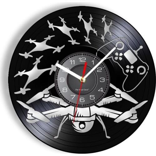 UAVs Vinyl LP Record Wall Clock UAV Unmanned Aerial Vehicle Controller Carved Vintage Wall Watch Black Hanging Decor Disk Craft