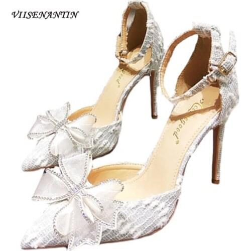 New Style Rhinestone Word with Bowknot Shallow Mouth Pointed Stiletto Sandals Female Bridesmaid Wedding Shoes Fairy Shoes