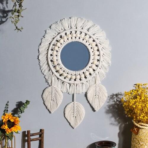 Original best-selling Nordic mirror decoration Bohemian hand woven cotton thread wooden bead tapestry mirror bedroom decoration