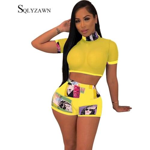 Sexy Womens Two Piece Sets Transparent Mesh Short Sleeve Crop Top and Shorts Streetwear Character Print Matching Club Outfits