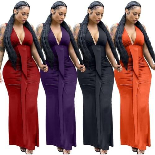 2021 Best Quality Fashion Design Dress Solid Ruffles V-neck Sleeveless Summer Sexy Maxi Dress Vestidos