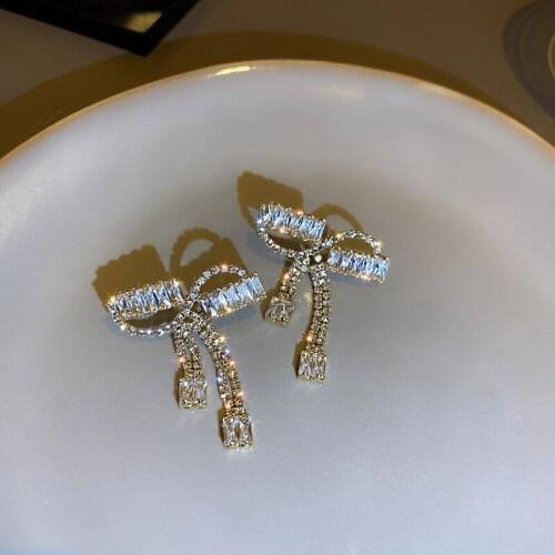 French Style Luxury Zircon Boknot Stud Earrings for Women Small Shining Crystal Earring Wedding Party Jewelry 2021 New Trendy