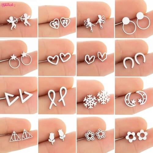 Stainless Steel Horseshoe Stud Earrings for Women Simple Rose Flower Snowflake Geometric Heart Round Earrings Punk Jewelry