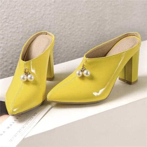 Ladies Mules Shoes Woman High Heels Outdoor Slippers Spring Summer Chunky Block Heel Patent Leather Slides Pointed Toe Shoes