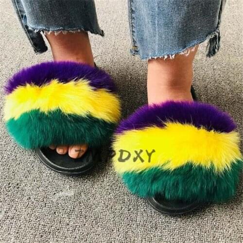 Kids/Childrens Raccoon Fur Slides Ladies Furry Real Fox Fur Slippers Female Fluffy Open Toe Sandals Woman Plush Beach Flip Flop