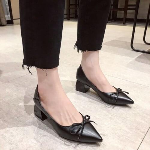 Spring Thick-heeled Single Shoes Mid-heel Shallow Soft Leather Professional Work Shoes Pointed Toe Bow-knot Womens Shoes