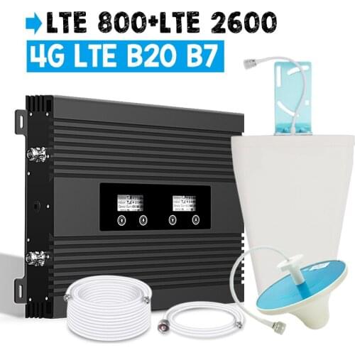Walokcon 4G LTE Cellular Signal Booster 4G LTE 800 LTE 2600 mhz Signal Repeater 82dB Gain 4G Amplifier Dual LCD Display B20 B7