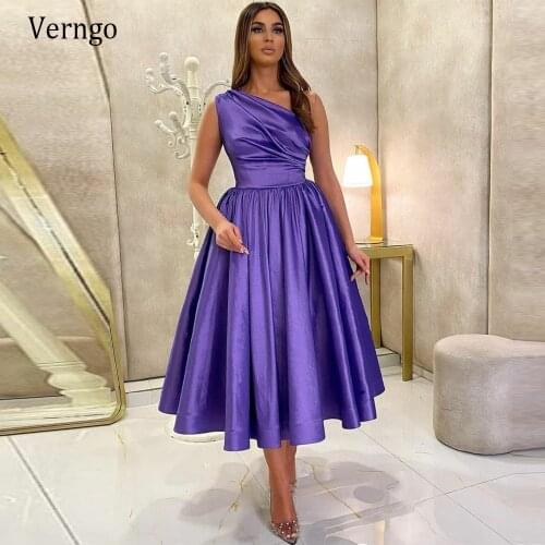 Verngo 2021 Simple Satin A Line Short Evening Party Dresses One Shoulder Pleats Tea Length Saudi Arabic Prom Gowns Plus Size