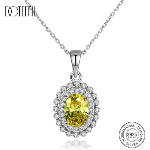DOTEFFIL New Yellow Oval Birthstone Brilliant Pendant Necklace for Women Bright Sun Flower Wedding Necklace Silver 925 Jewelry