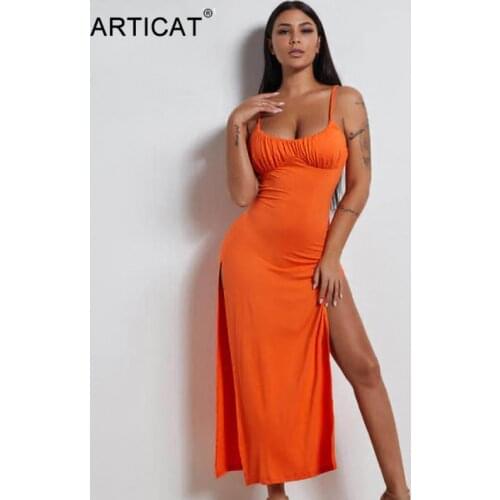 Articat Solid High Split Summer Dresses For Women 2021 Sexy Spaghetti Strap Slim Midi Dress Partywear Orange Backless Vestidos
